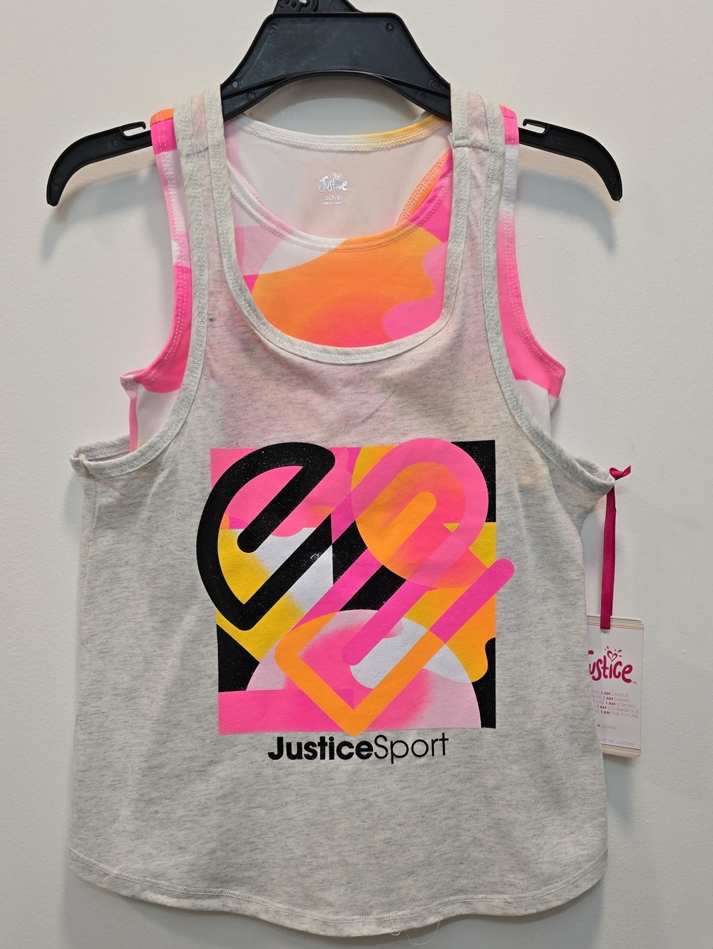 Justice - Girls Gray Tank with Neon Sports Graphic And Colorful Under Crop Tank